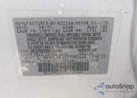 2021 Nissan Kicks Sv Xtronic Cvt from USA, damaged, VIN 3N1CP5CVXML534664